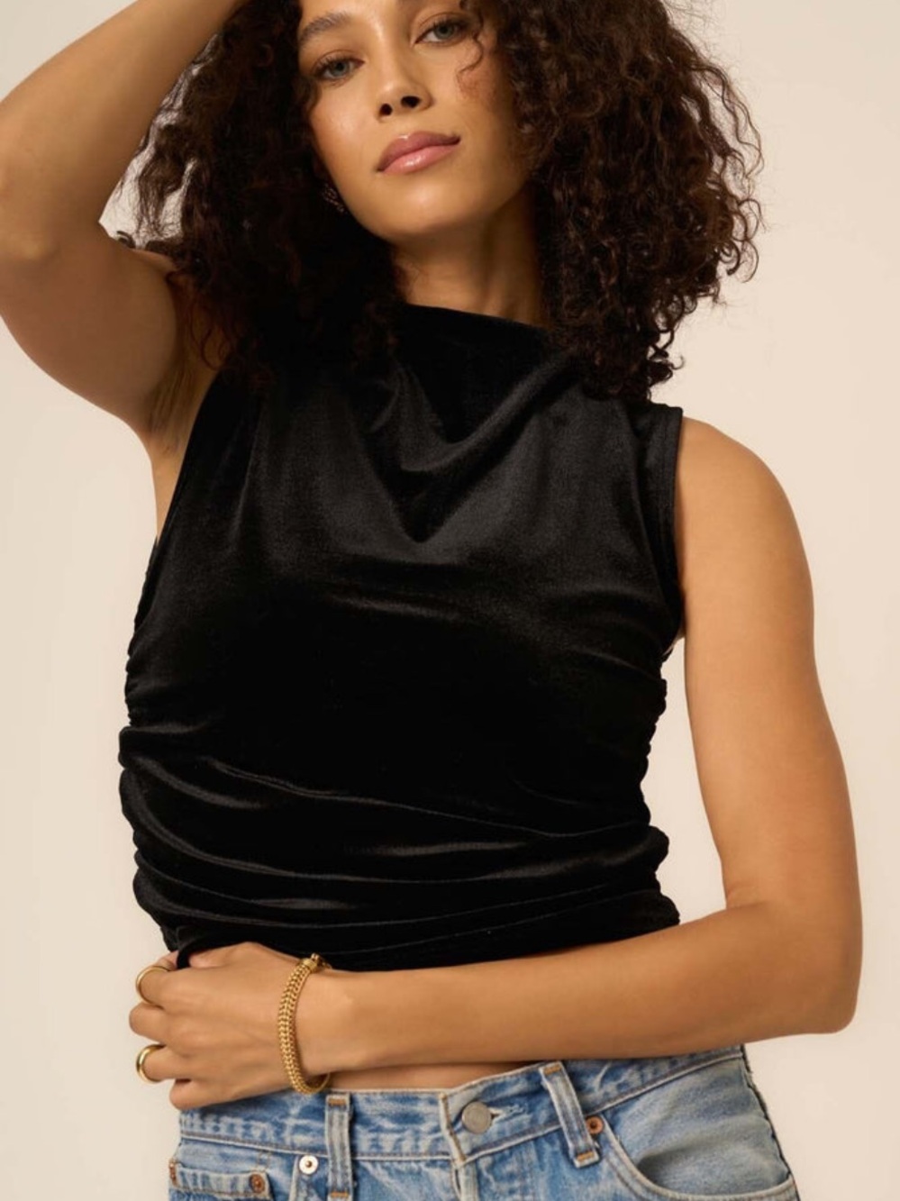 A New Day Side Ruched Sleeveless Velvet Top Black NWT